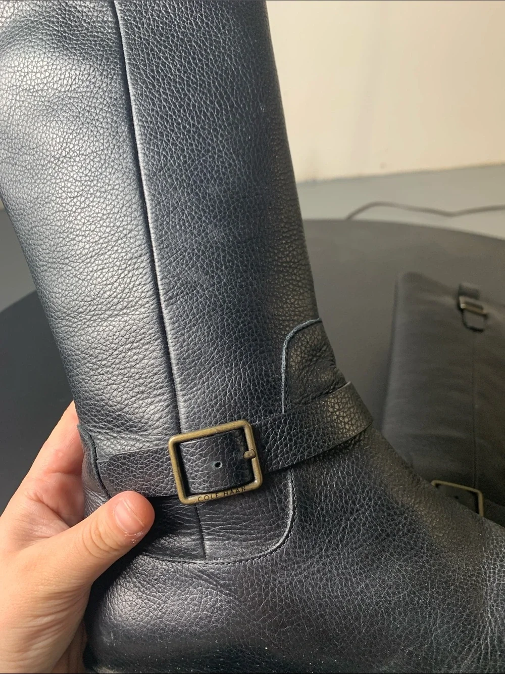Cole Haan Black Leather Over-the-Knee Riding Boots with Buckle Detail